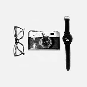 glasses, camera and watch